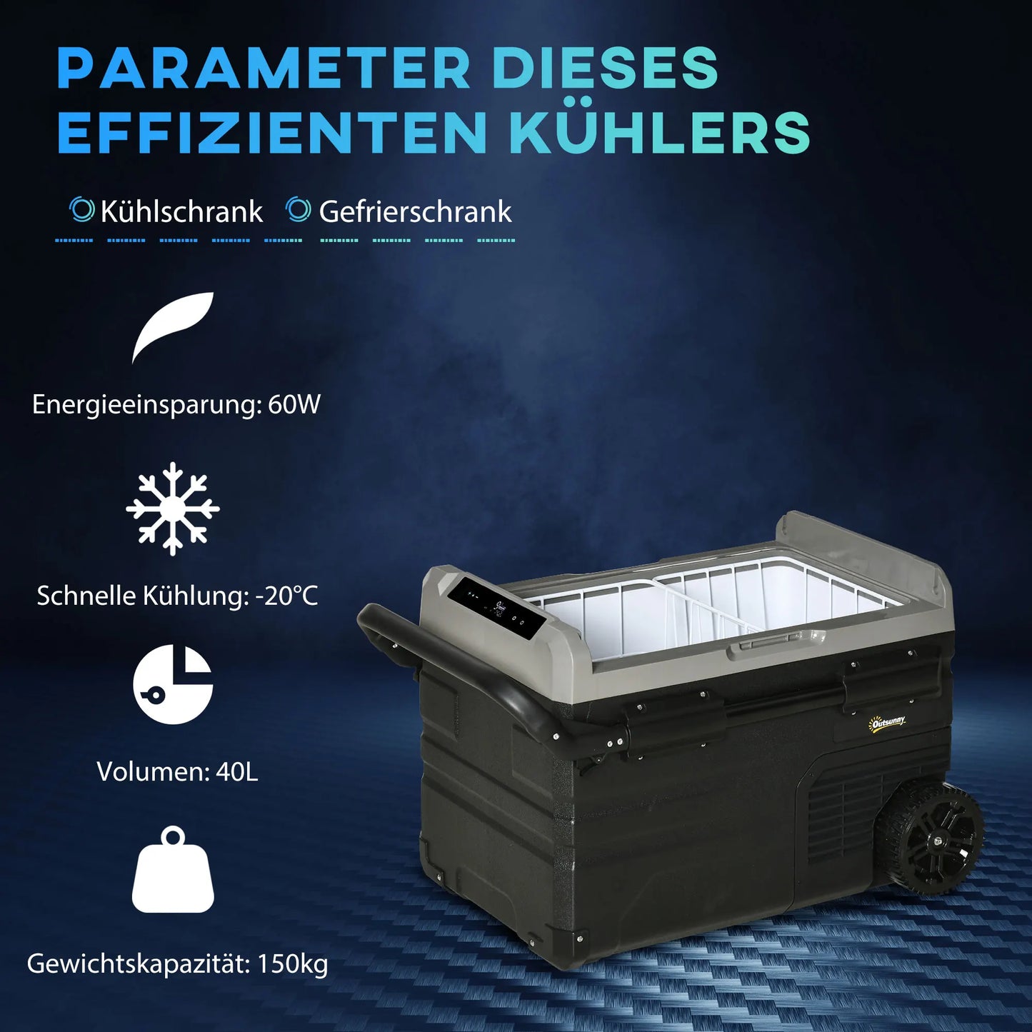 Car refrigerator 40L with LED lighting, compressor car refrigerator with transportation rollers, 12/24V DC and 110-240V AC