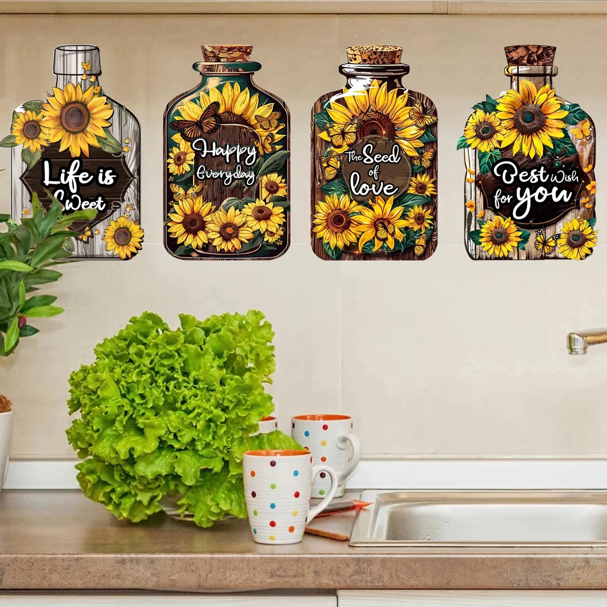 4 pcs sunflower kitchen wall stickers, suitable for dining room and home decoration, inspirational English phrases