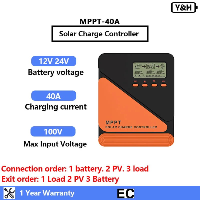 Y&H MPPT Solar Charge Controller 20A 40A 60A 12V 24V for GEL SLD FLD LI Battery Voltage Regulator MAX PV Input 50 ro 100V