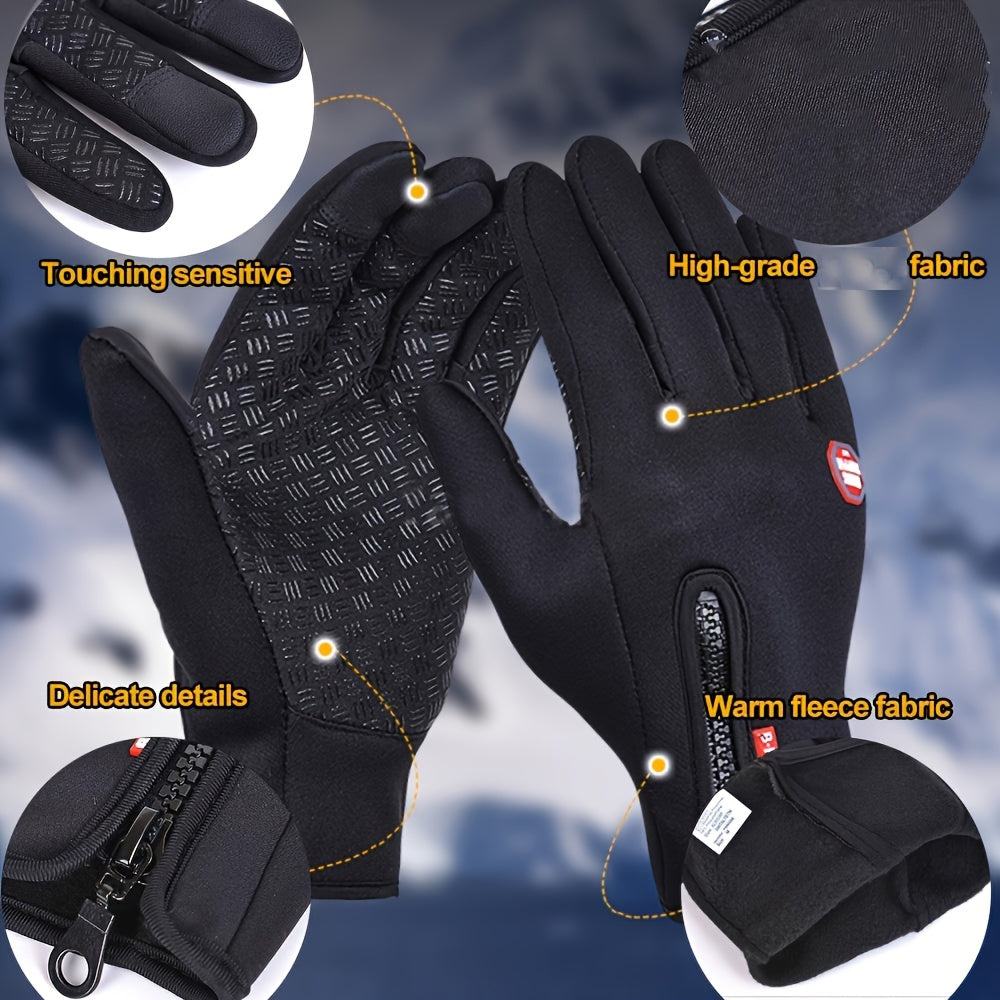 [Warm Touchscreen Gloves] 1 Pair Warm, Comfortable Unisex Winter Touchscreen Gloves - Non-Slip Fleece-Lined with Zipper Closure, Blue & Black Design for Outdoor Sports, Hiking, and Cold Weather Activities, Hiking Accessories