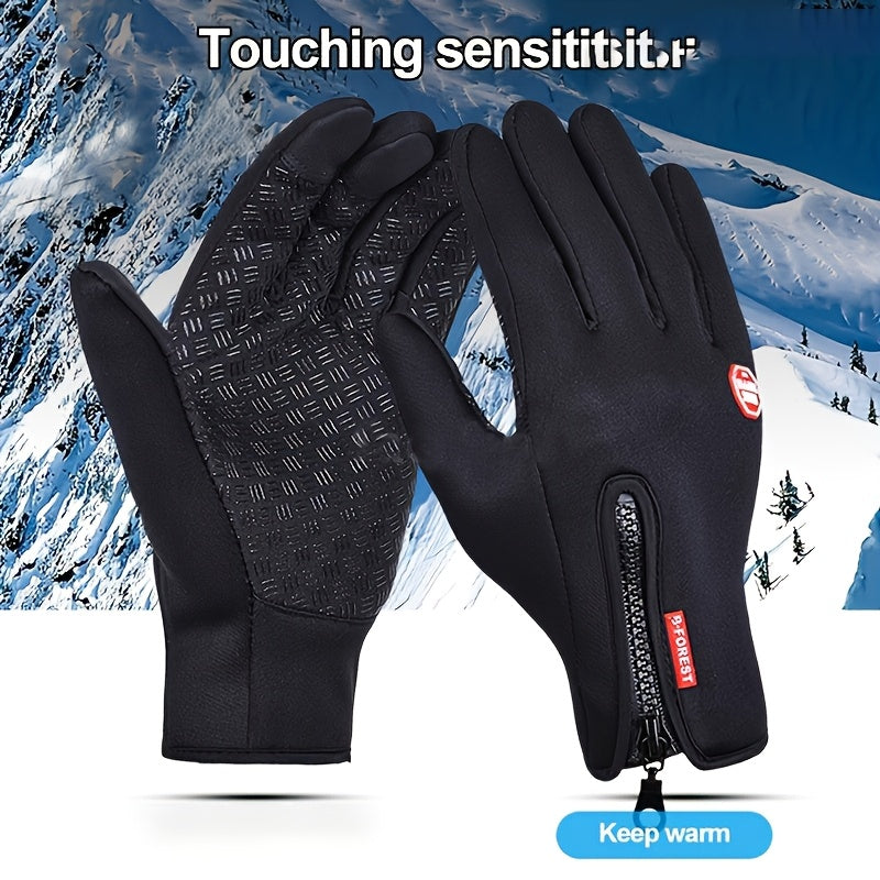 [Warm Touchscreen Gloves] 1 Pair Warm, Comfortable Unisex Winter Touchscreen Gloves - Non-Slip Fleece-Lined with Zipper Closure, Blue & Black Design for Outdoor Sports, Hiking, and Cold Weather Activities, Hiking Accessories