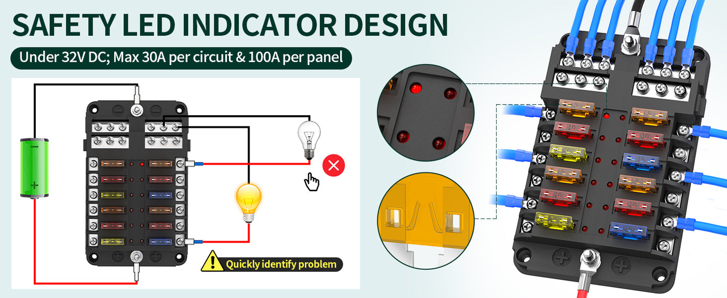 DaierTek 6 12 Way Fuse Block 12 Volt Blade Fuse Block with LED Indicator Circuit Fuse Box 12V ATO/ATC Marine Fuse Panel For Car