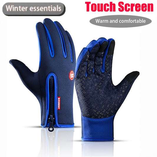 [Warm Touchscreen Gloves] 1 Pair Warm, Comfortable Unisex Winter Touchscreen Gloves - Non-Slip Fleece-Lined with Zipper Closure, Blue & Black Design for Outdoor Sports, Hiking, and Cold Weather Activities, Hiking Accessories