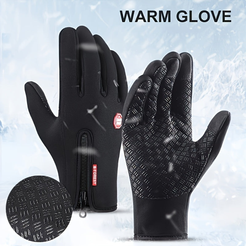 [Warm Touchscreen Gloves] 1 Pair Warm, Comfortable Unisex Winter Touchscreen Gloves - Non-Slip Fleece-Lined with Zipper Closure, Blue & Black Design for Outdoor Sports, Hiking, and Cold Weather Activities, Hiking Accessories