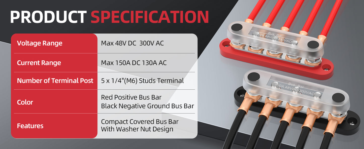 DaierTek Bus Bar 12V Power Distribution Block with Cover 5 x 1/4" Studs Terminal Block Max 150A 48VDC Positive Negative for Auto