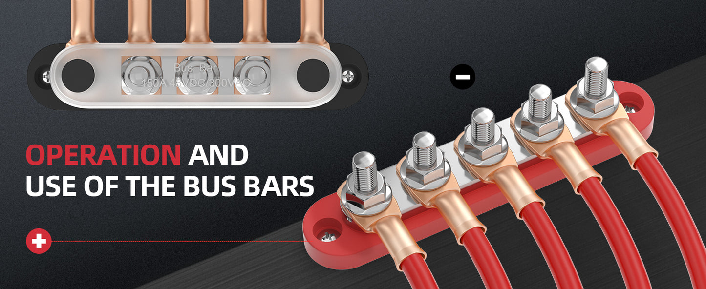 DaierTek Bus Bar 12V Power Distribution Block with Cover 5 x 1/4" Studs Terminal Block Max 150A 48VDC Positive Negative for Auto