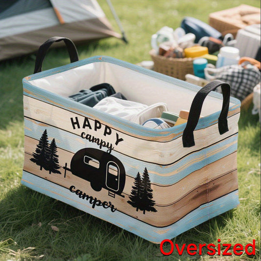 1pc Extra Large Square Happy Camper Vintage Trailer Forest Design Storage Hamper - Durable Oxford Fabric, Collapsible Metal Frame Folding Basket for Camping Gear, Pillow Cases, Sofa Throws & Household Items, Camper Accessorie