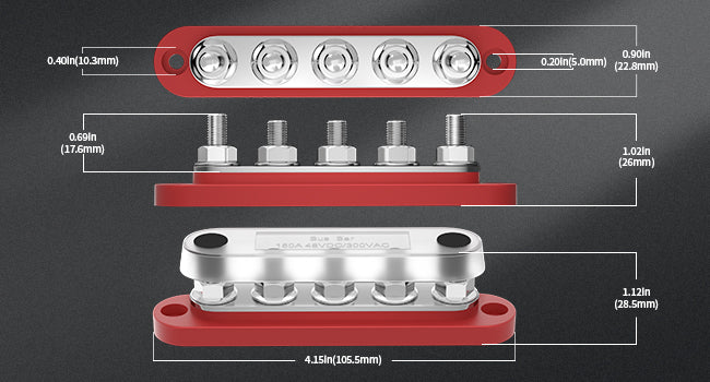 DaierTek Bus Bar 12V Power Distribution Block with Cover 5 x 1/4" Studs Terminal Block Max 150A 48VDC Positive Negative for Auto