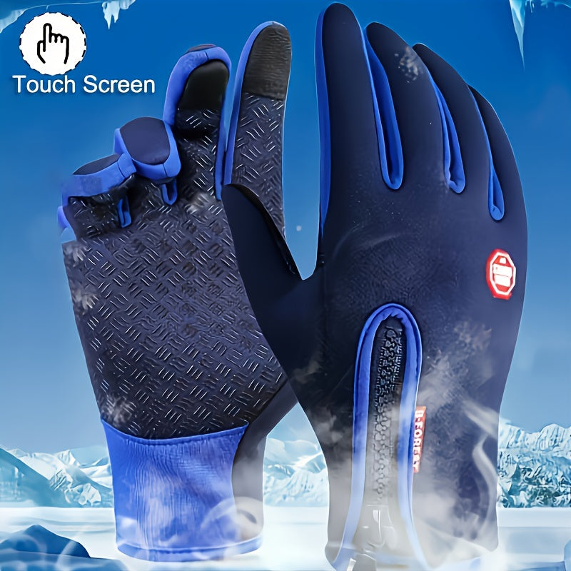 [Warm Touchscreen Gloves] 1 Pair Warm, Comfortable Unisex Winter Touchscreen Gloves - Non-Slip Fleece-Lined with Zipper Closure, Blue & Black Design for Outdoor Sports, Hiking, and Cold Weather Activities, Hiking Accessories