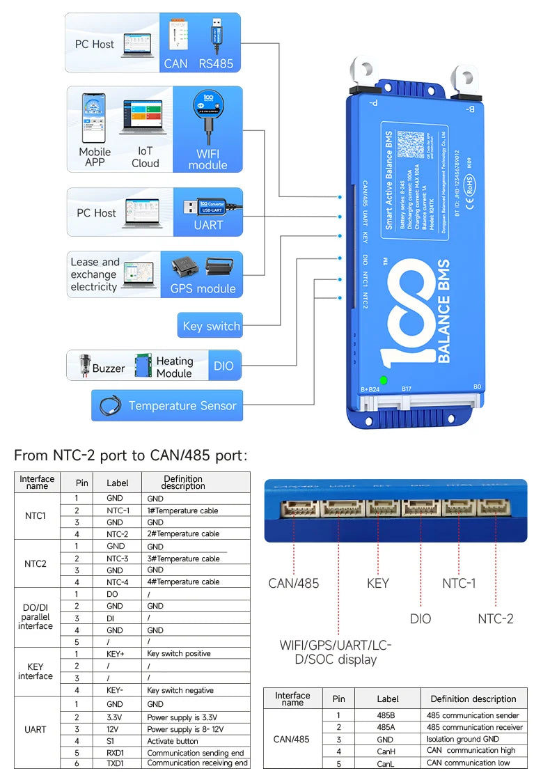 Daly bms Smart BMS 4S lifepo4 bluetooth Wifi bms 8S 24S 40A 60A 80A 1A active balance bms 16s 48v lifepo4 bms Lifepo4 100A