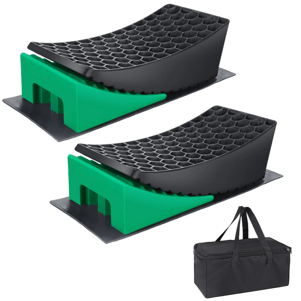 2PCS RV Leveling Ramps with Mats and Storage Bag, Non-Slip Heavy Duty Plastic Ramp Wedges for Camper Trailer Motorhome Support