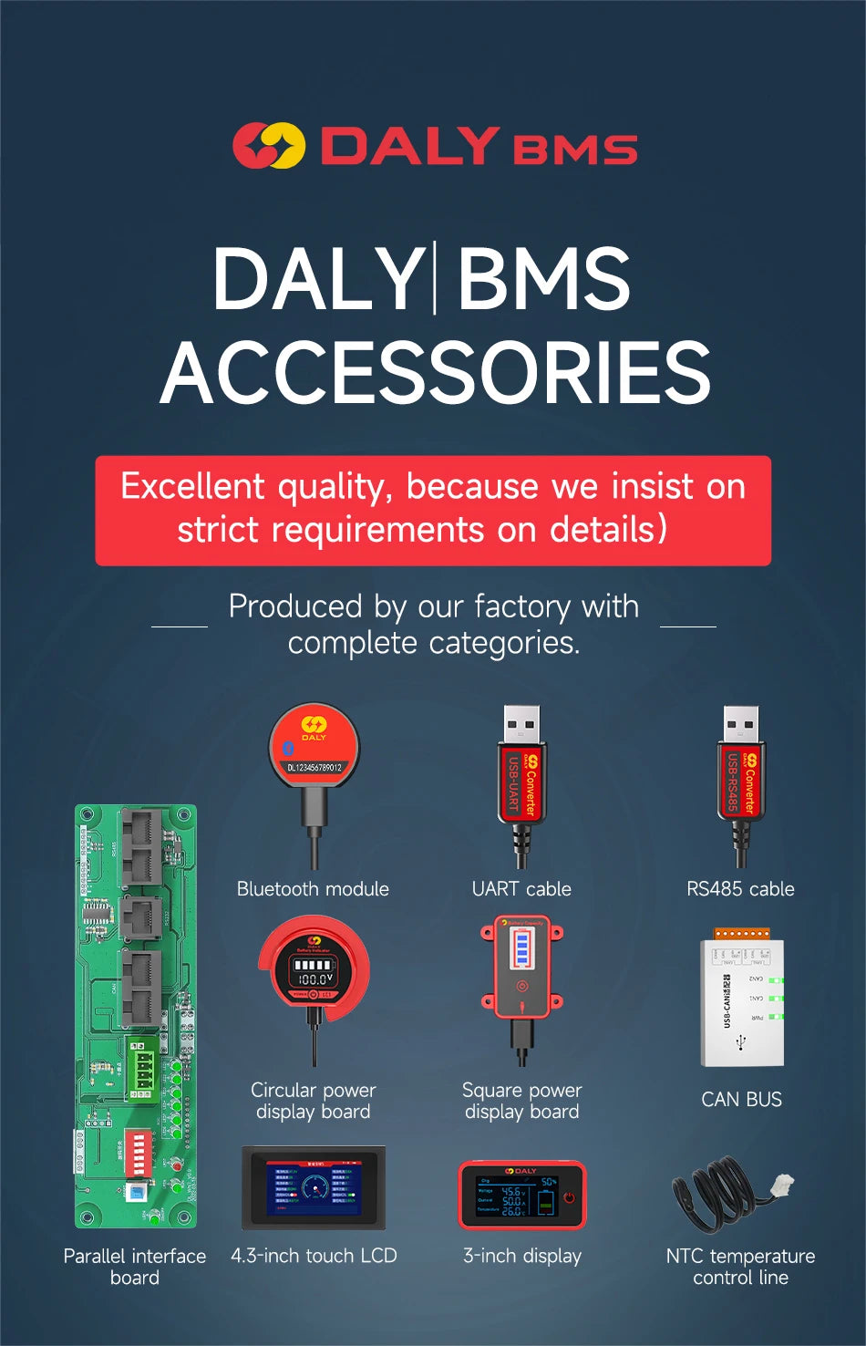 Daly Smart BMS Accessory WIFI Bluetooth USB To UART RS485 Cables Module NTC Battery SOC Capacity Indicator LCD Screen Board