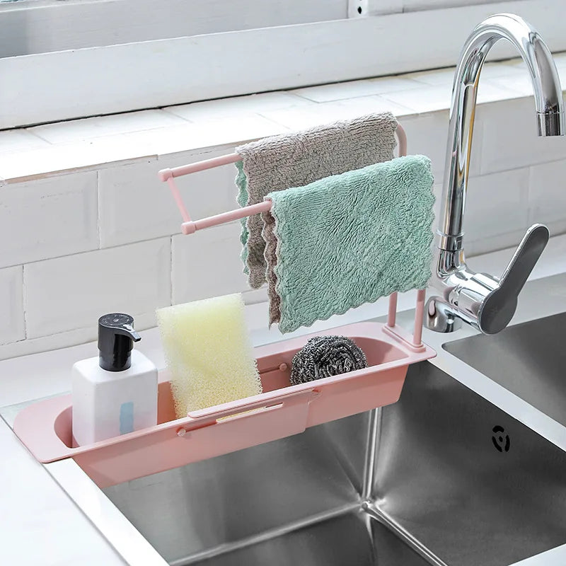 Telescopic Sink Shelf Kitchen Drainer Rack Organizer Soap Sponge Holder Towel Rack Storage Organizer Basket Gadgets Accessories