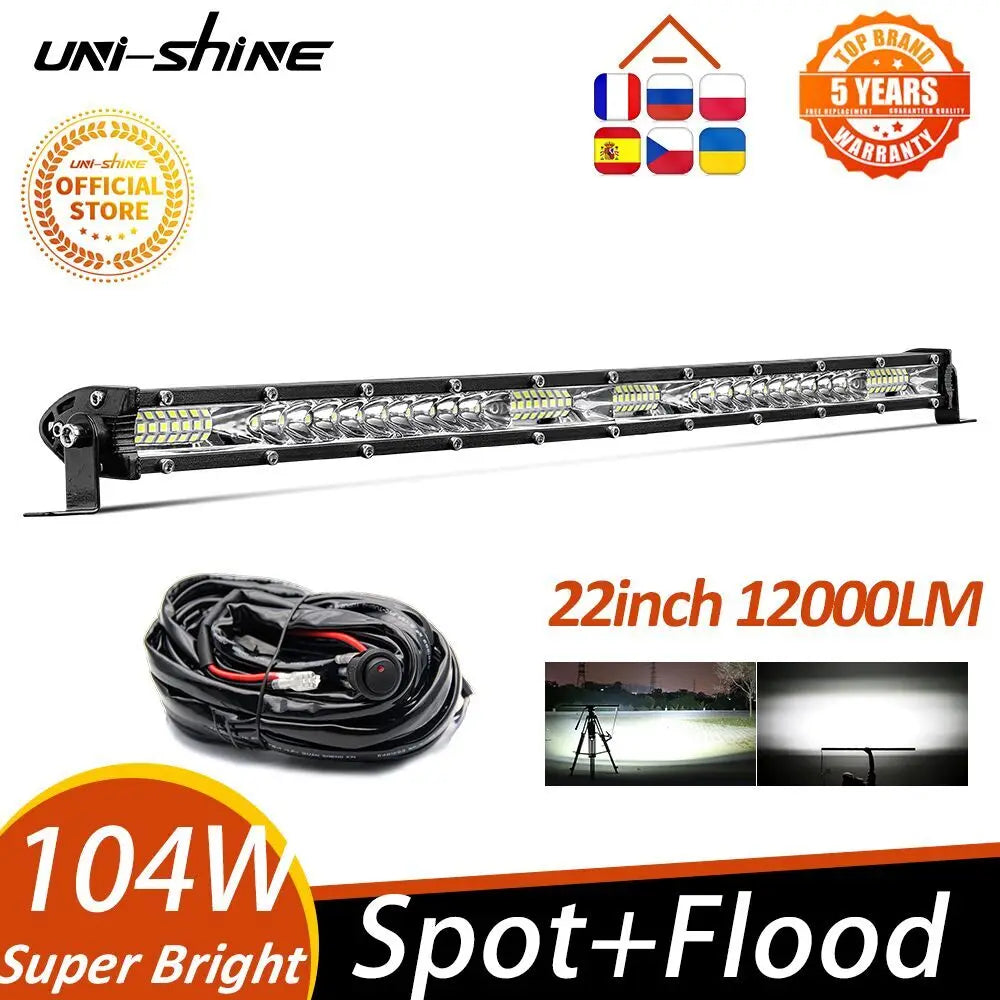 UNI-SHINE 22inch 104W Led Light Bar 12000LM Single Row Led Work Driving Lights Offroad Truck SUV ATV Tractor Car Boat 12V 24V