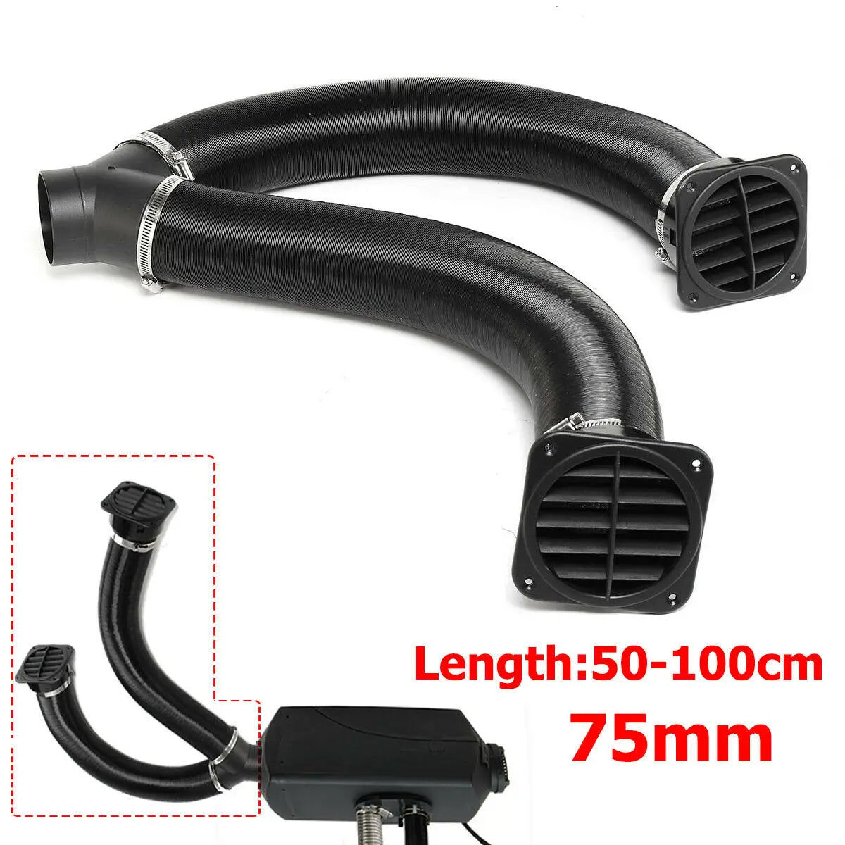 75mm Diesel Heater Pipe Duct + Warm Air Outlet For Webasto For Eberspacher For Propex Diesel Heater Vent Hose Clips Set