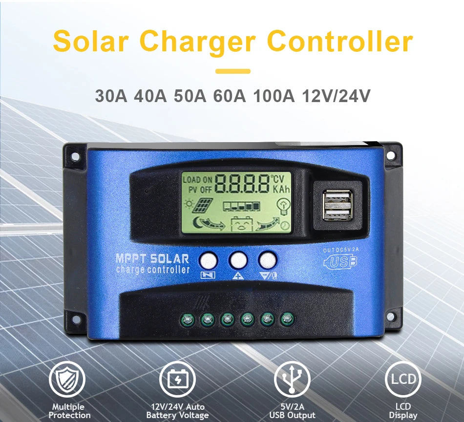 MPPT Solar Charge Controller 30A 40A 50A 60A 100A Dual USB LCD Display 12V 24V Solar Cell Panel Charger Regulator with Load