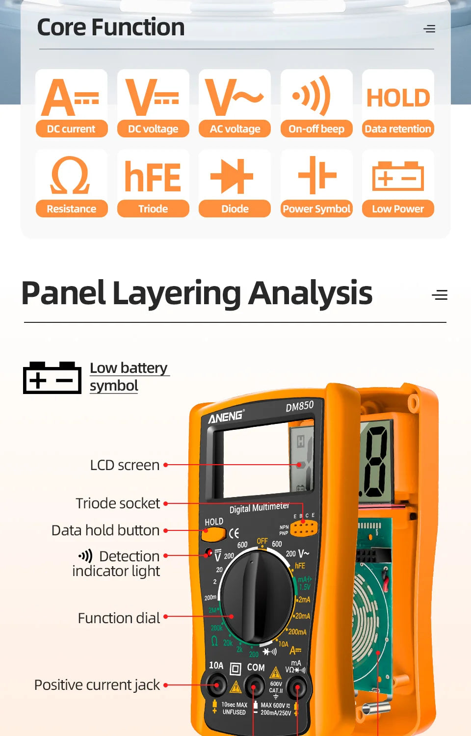 ANENG DM850 Digital Multimeter Automatic Professional 1999 Counts Auto AC/DC Votage Tester Ohm Current Ammeter Detector Tool