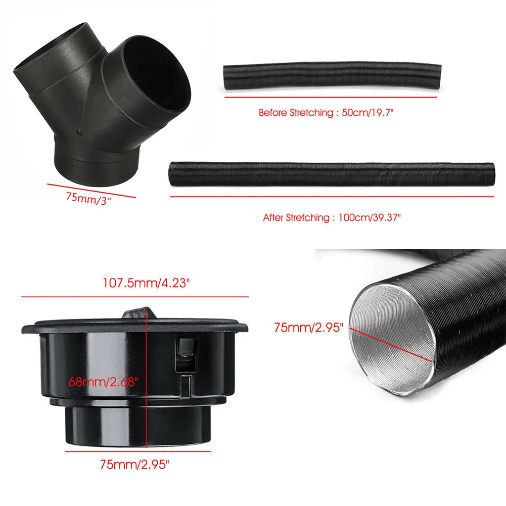 75mm Diesel Heater Pipe Duct + Warm Air Outlet For Webasto For Eberspacher For Propex Diesel Heater Vent Hose Clips Set