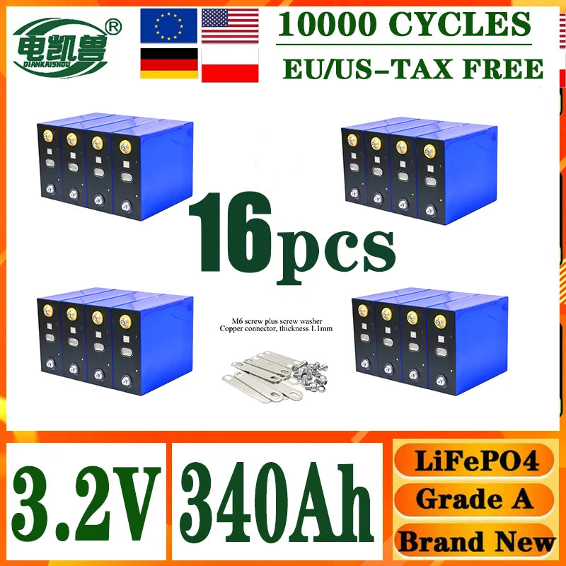 DIANKAISHOU  A-grade 3.2V 340AH 10000 cycles Lifepo4 rechargeable battery DIY 12V 24V 48V electric boat solar system tax-free