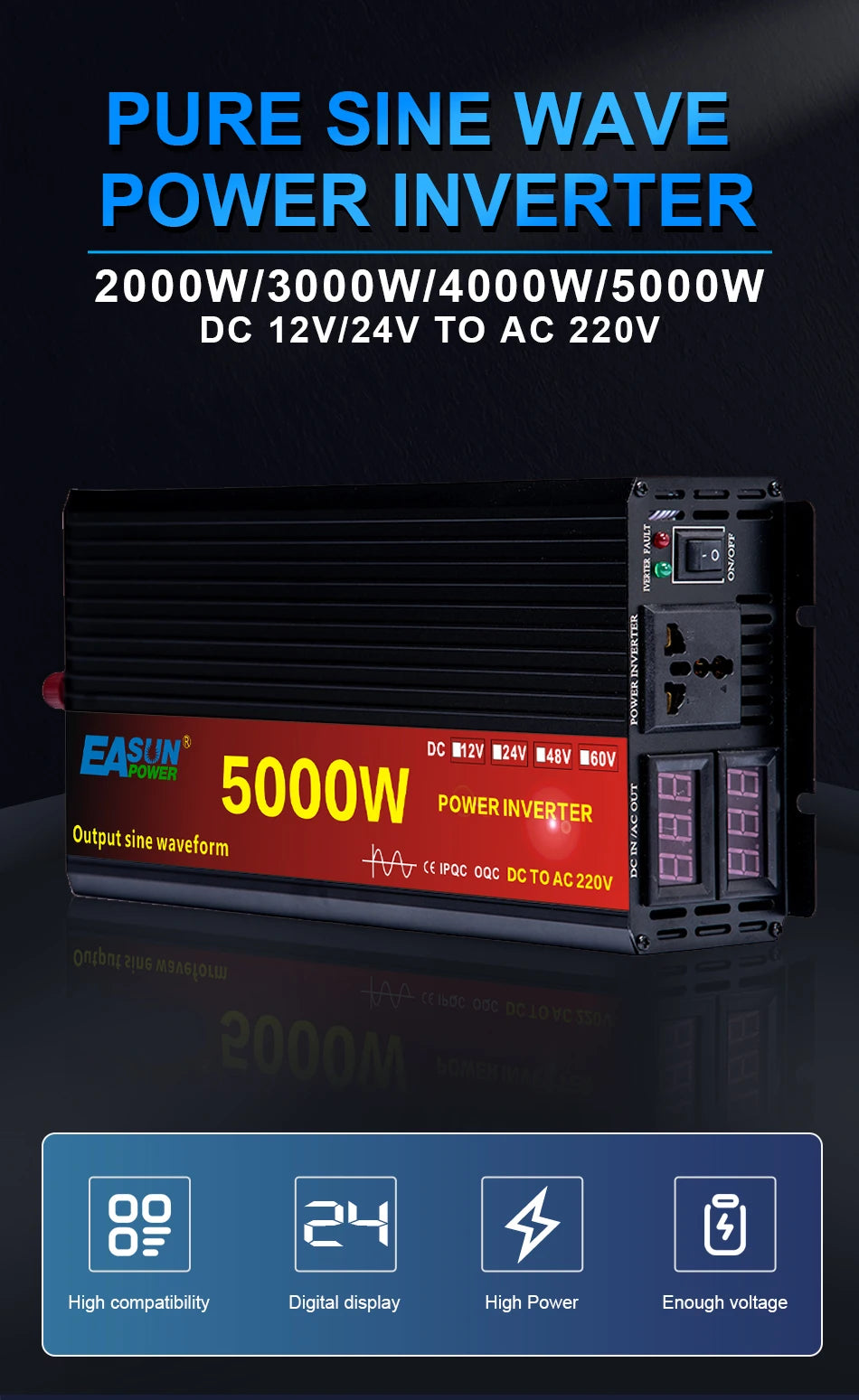 Car Pure Sine Wave Inverter DC 12V 24V To AC 220V 3000W 4000W 5000W Voltage Transformer Power Converter Solar Inverter LCD Dis