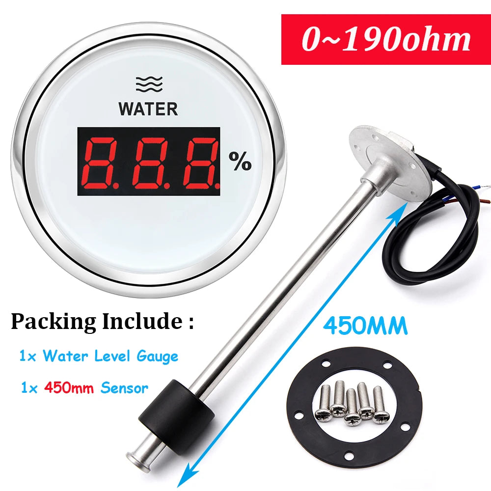 2"52mm Car Digital Gauge A5 Fuel Float Sensor 0~190ohm With Indicator Water Level Tank Meter Red Backlight for Yacht Marine Boat