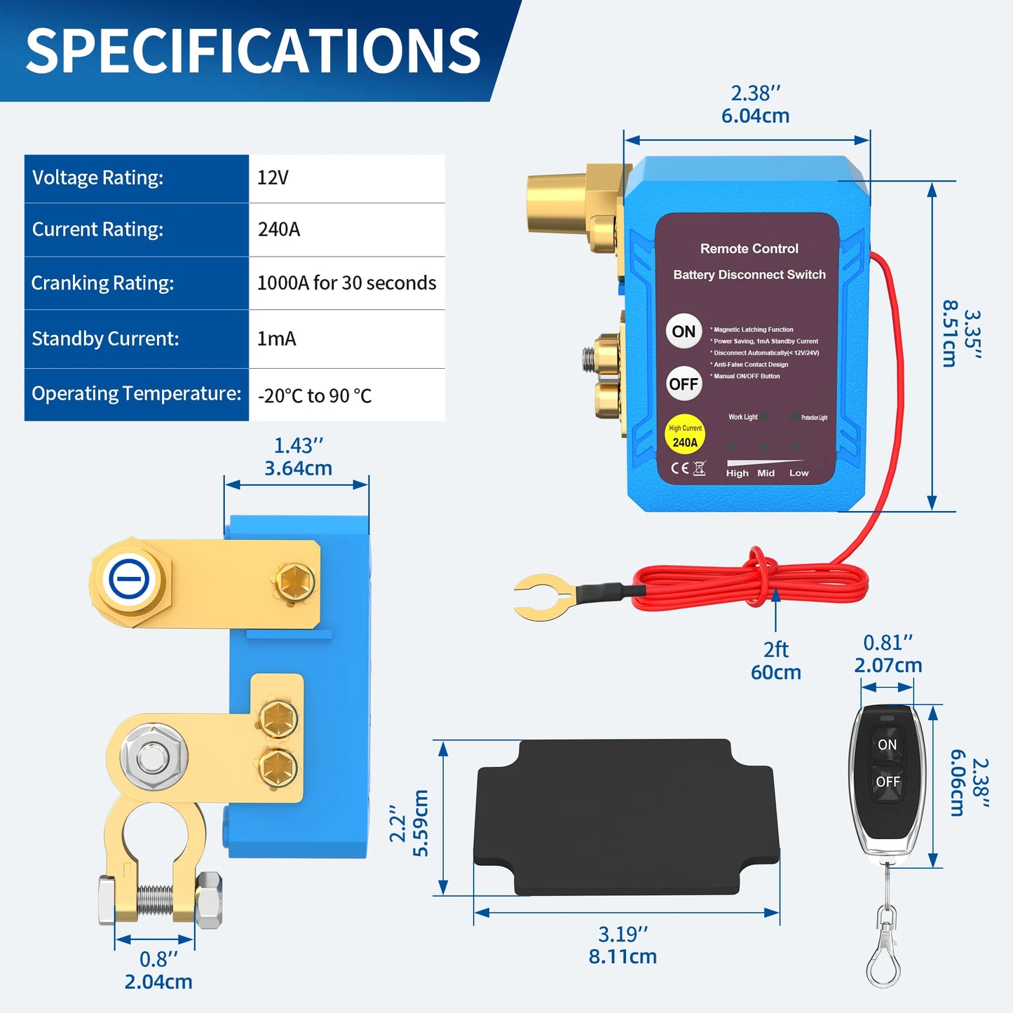 Remote Battery Disconnect Switch 12V 240A Kill Switch Automatic Power Shut Off Switch for Car Auto ATV Truck (Side Installation)