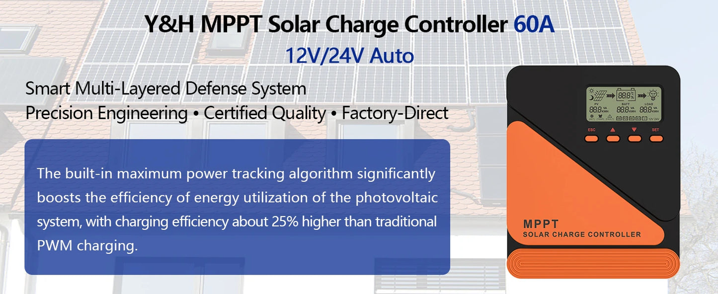 Y&H MPPT Solar Charge Controller 20A 40A 60A 12V 24V for GEL SLD FLD LI Battery Voltage Regulator MAX PV Input 50 ro 100V