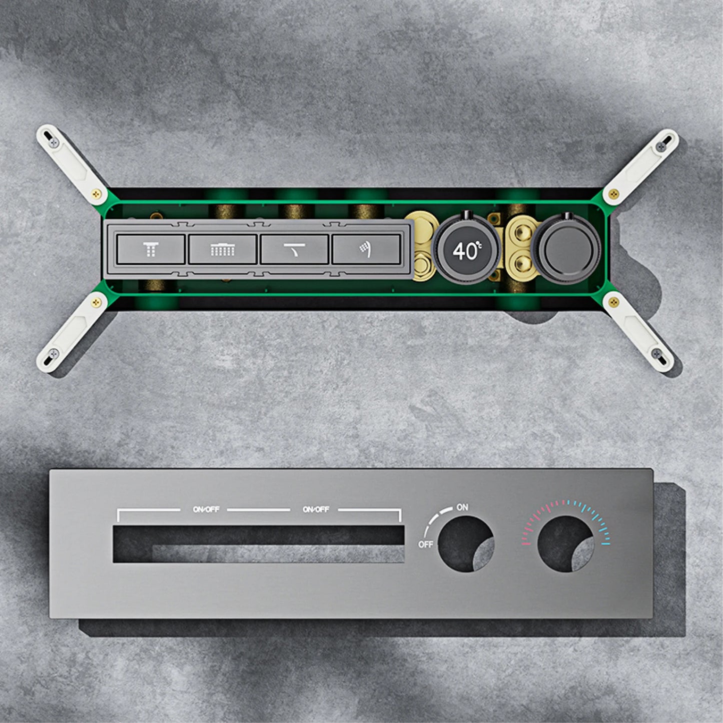 Modern brushed gold brass LED digital ceiling embedded shower system. Thermostatic 4-function waterfall/rain shower bathroom Tap