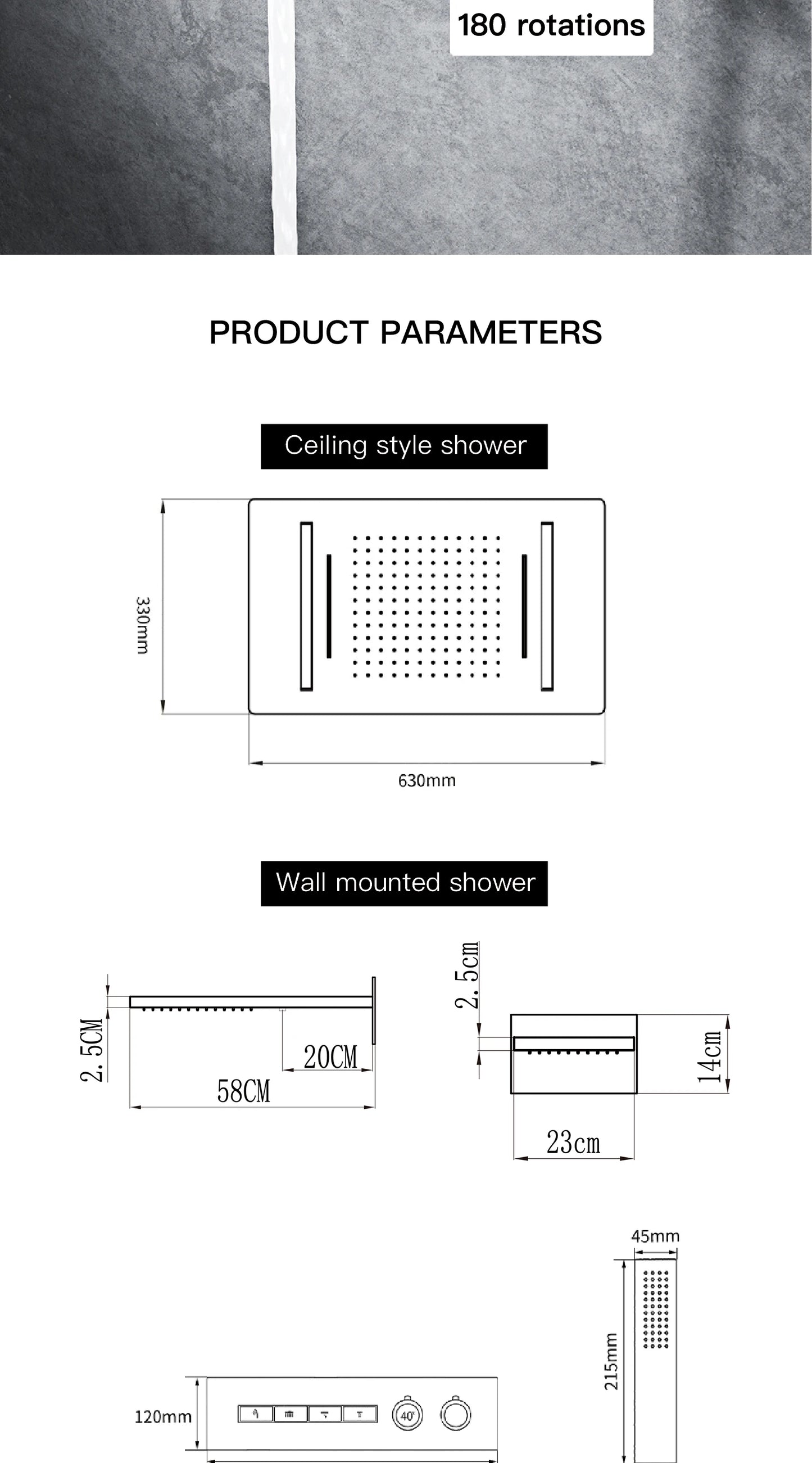 Modern brushed gold brass LED digital ceiling embedded shower system. Thermostatic 4-function waterfall/rain shower bathroom Tap