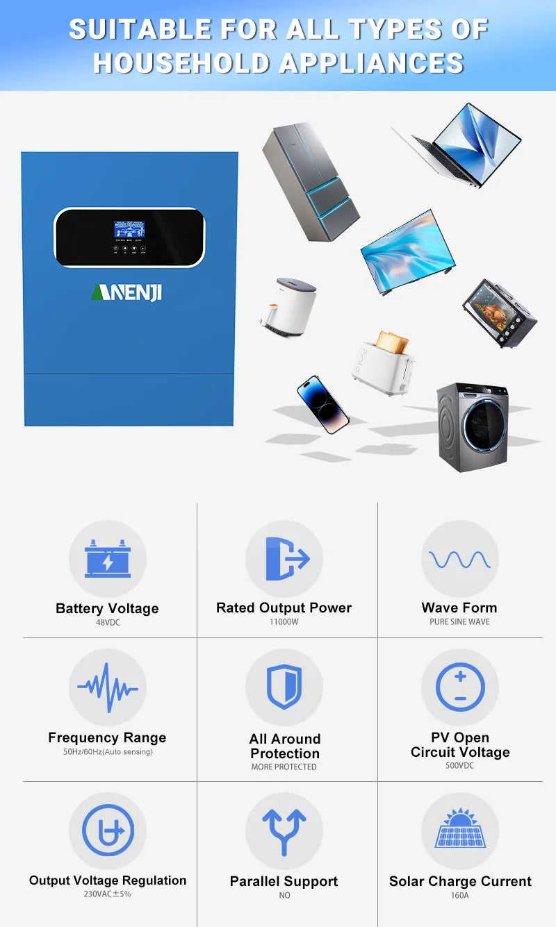 Hybrid Solar Inverter 11KW 6.2KW 4.2KW 2KW MPPT Pure Sine Inverter 48V 24V 12V Built-in 160A 120A 100A  Solar Charger PV 500VDC