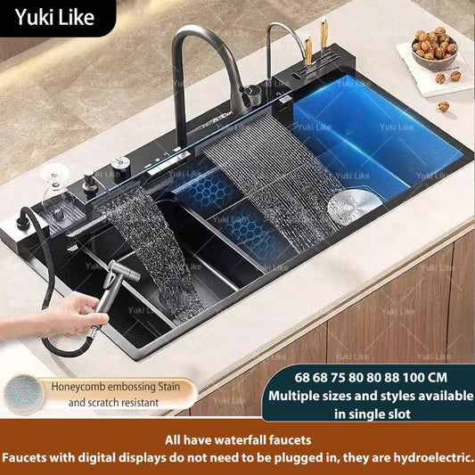 100x50cm Stainless Steel Waterfall Kitchen Sink With Knife Holder Digital Display Faucet Set Embossed Extra Large Single Slot