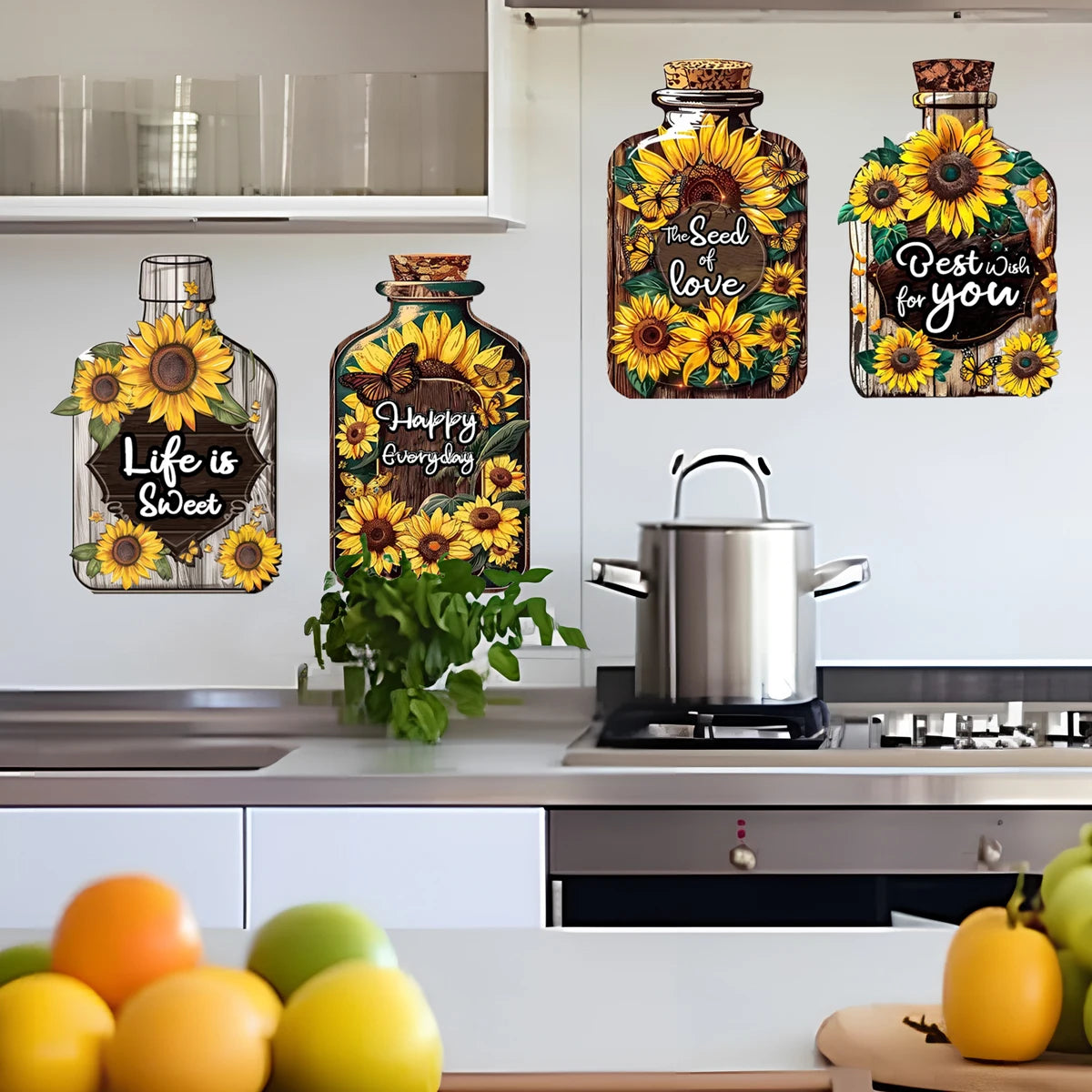4 pcs sunflower kitchen wall stickers, suitable for dining room and home decoration, inspirational English phrases