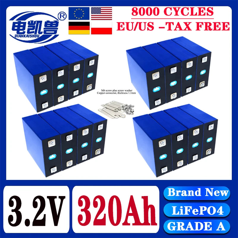 320Ah 8000 cycle LiFePO4 3.2V rechargeable battery, suitable for DIY 12V 24V 48V caravan marine solar energy system no tax