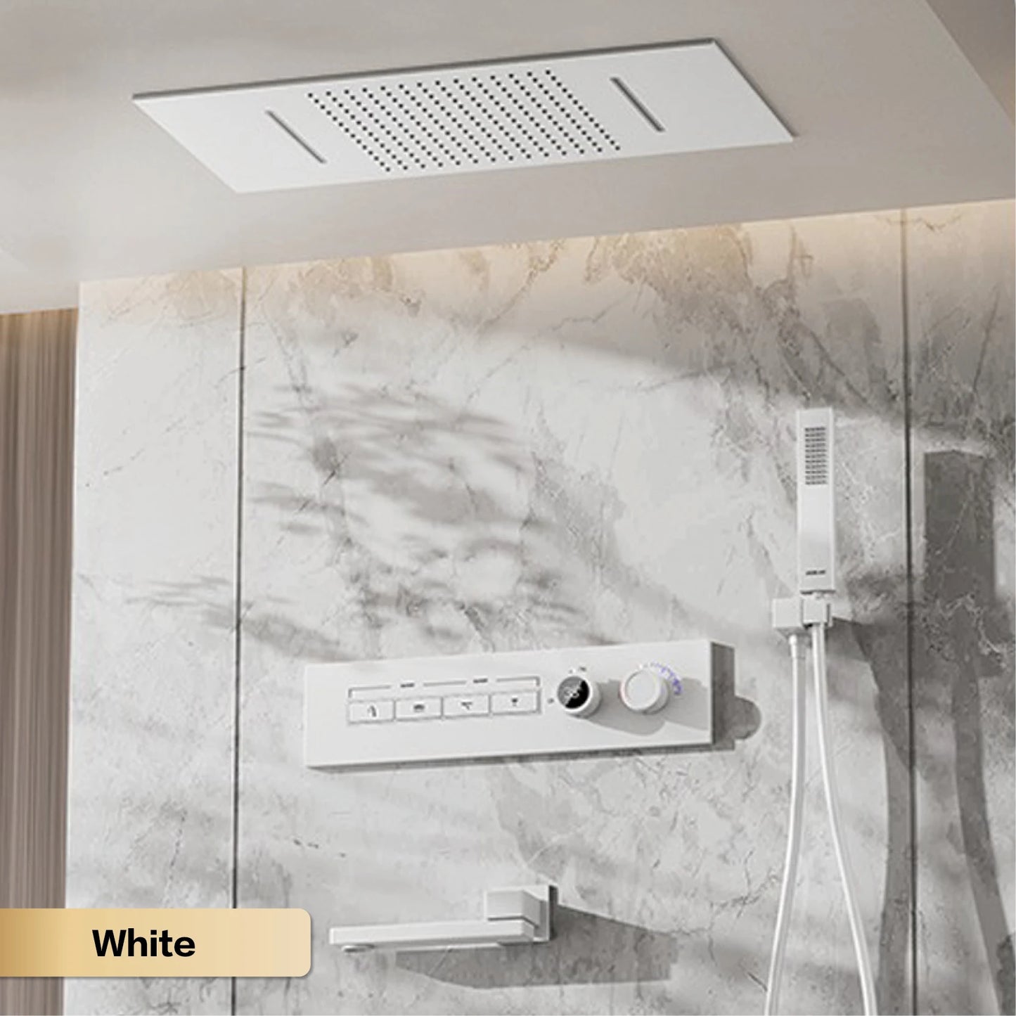 Modern brushed gold brass LED digital ceiling embedded shower system. Thermostatic 4-function waterfall/rain shower bathroom Tap
