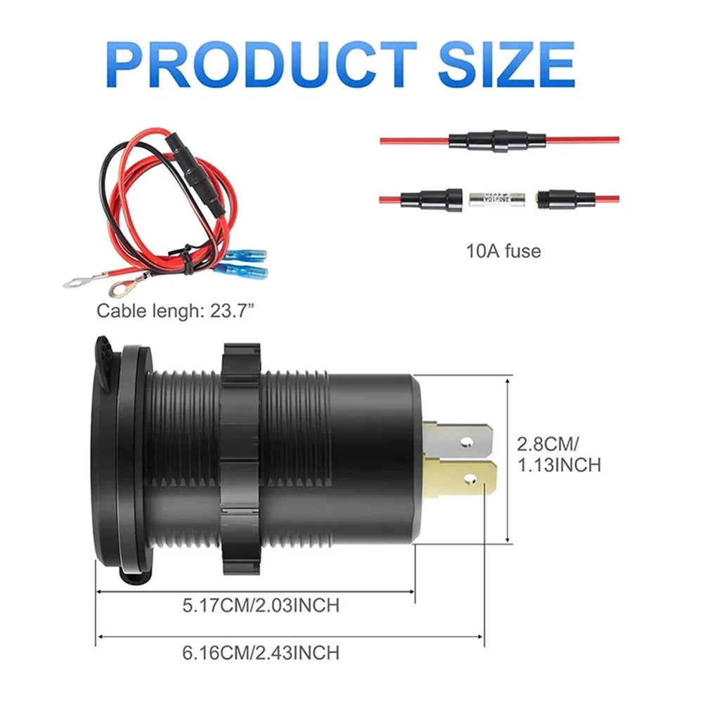 Car Charger Socket PD3.0 & QC3.0 Double USB C Ports Waterproof with LED Touch Switch 78W Fast Charging 12V/24V For Moto Adapter