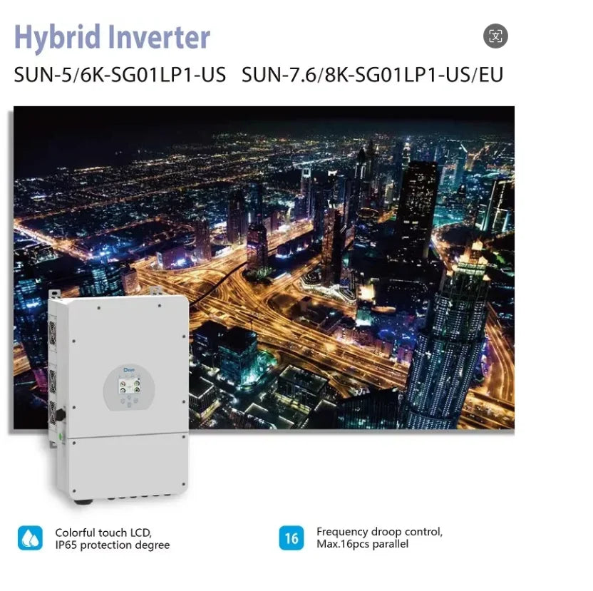 DeYe Hybrid Inverter and Lithium Grid 8KW 12KW Solar Inverter Pv array Inverter Protection level IP 65