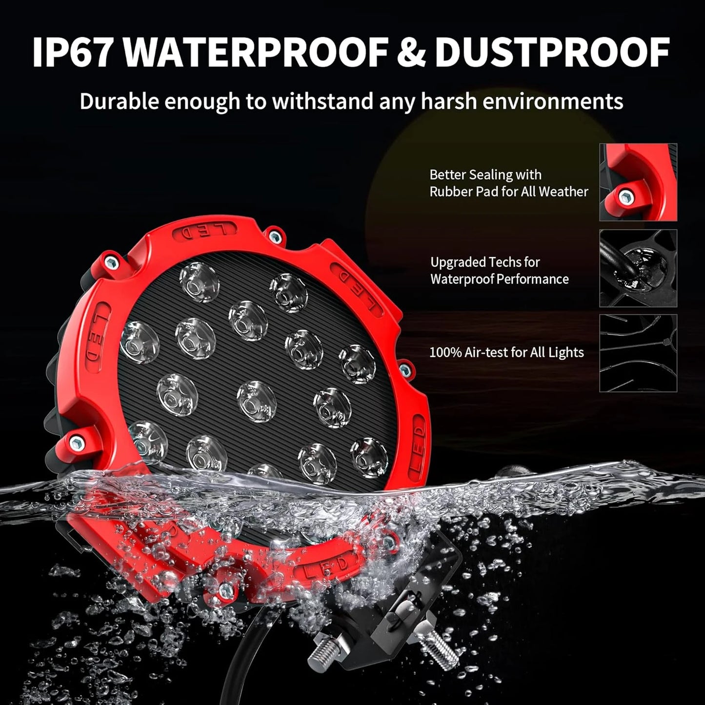 2PCS 7 Inch 51W Round LED Offroad Lights, 5100LM Spot Driving Light Pod Bumper Roof Fog Light Fit for Boat, Jeep, ATV, SUV