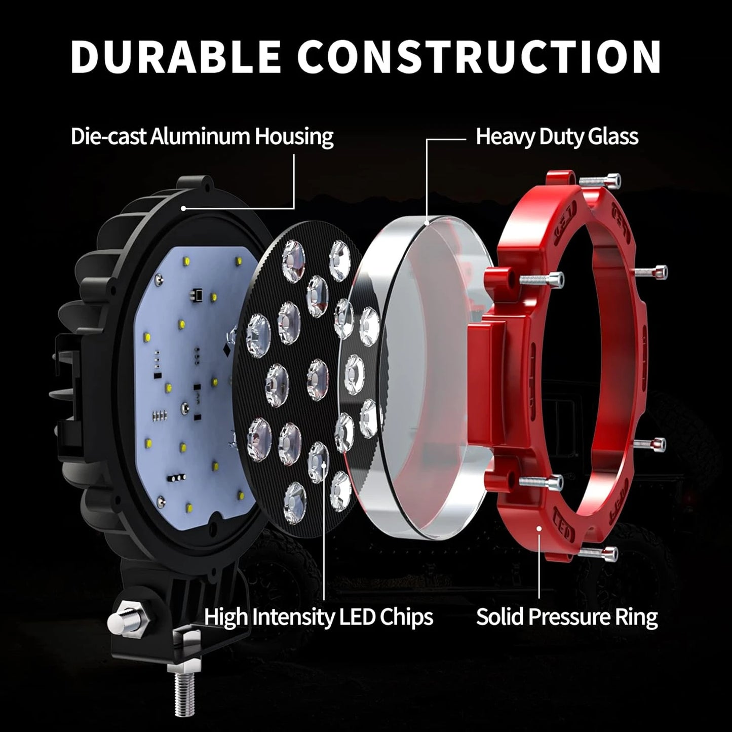 2PCS 7 Inch 51W Round LED Offroad Lights, 5100LM Spot Driving Light Pod Bumper Roof Fog Light Fit for Boat, Jeep, ATV, SUV