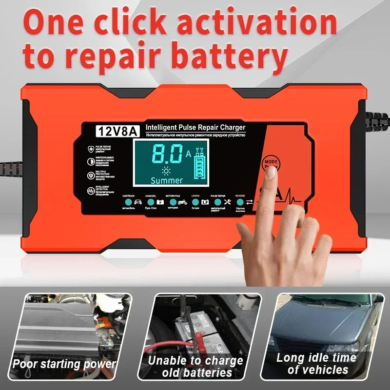 Smart 12V 8A Car Battery Charger Pulse Repair Quick Charge for Auto Moto AGM GEL WET Lead Acid LiFePO4 Battery Charging