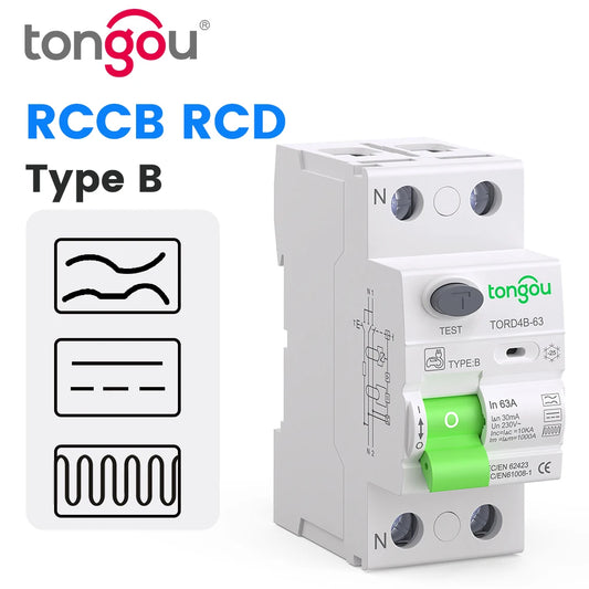 RCCB RCD DC Electric Vehicle EV Charging Pile Residual Current breaker  2P 63A 30mA Type B 10KA  Din Rail Earth Leakage TONGOU
