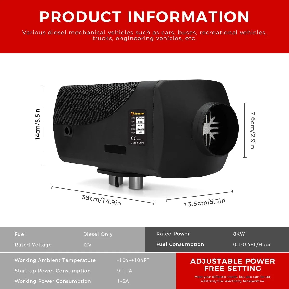 Sunster 8KW Air Diesel Heater 12V Diesel Parking Heater LCD Switch Diesel Heater Muffler for RV Motorhome Trailer Trucks Boats