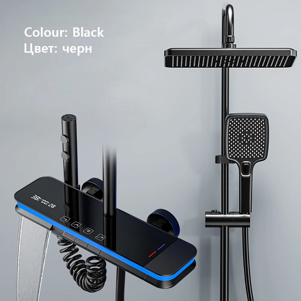 Bathroom Smart Shower System Set Temperature Digital Display LED Bathtub Rainfall Mixer Brass Shower Faucet Full Set with Lights