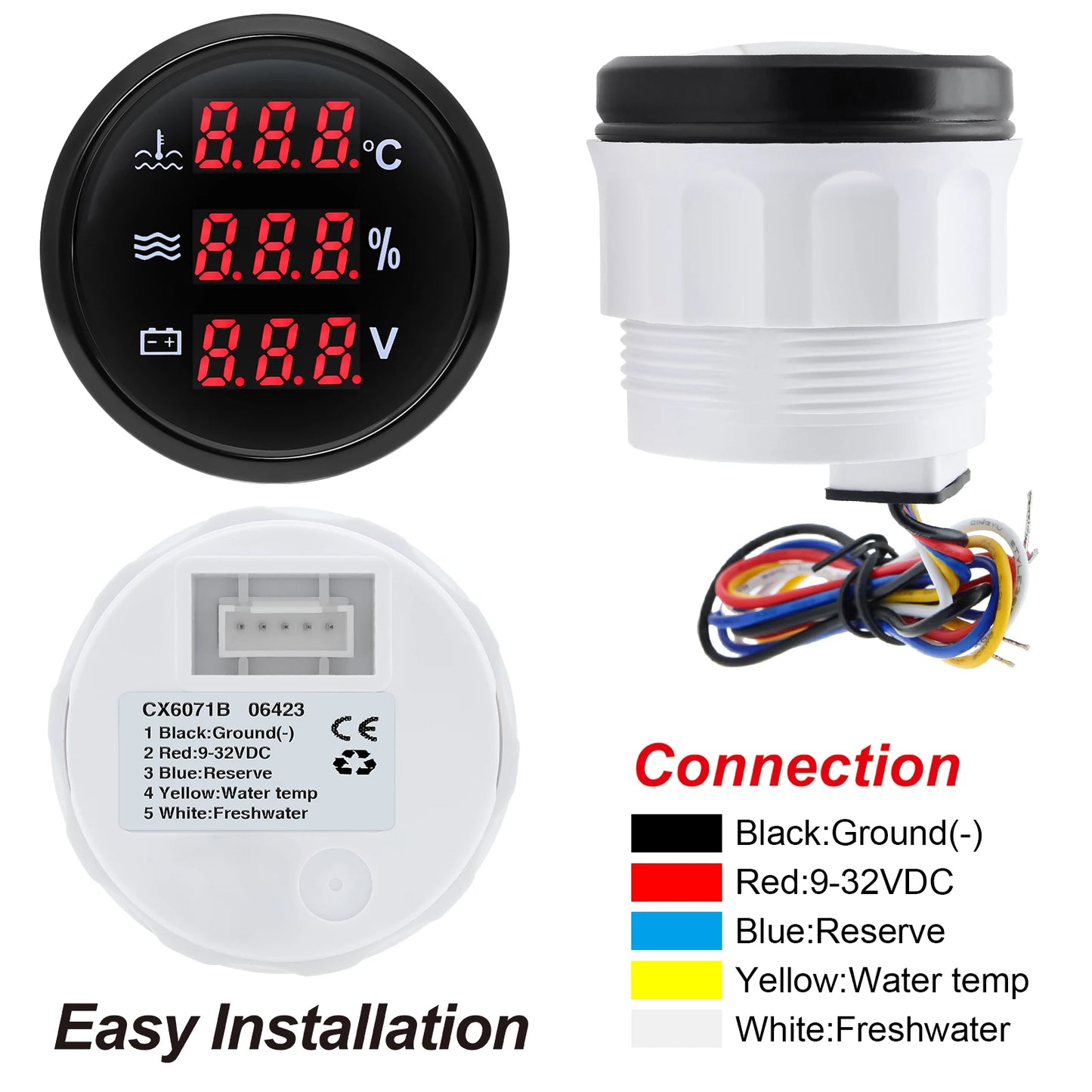 Red Backlight Digital 52mm Gauge Multifunctional Water Temp+Water Level+Voltage with Alarm Sensor for Car Boat Yacht DC12V 24V