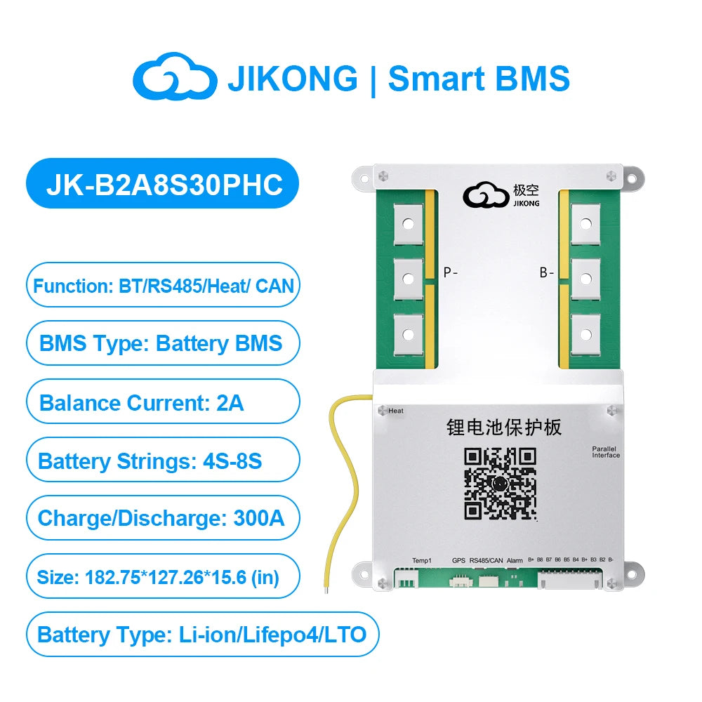 JKBMS B2A8S30P 4S 5S 6S 7S 8S 12V 24V Smart BMS CANBUS HEAT 2A Active Balance Current 300A for Li-ion LiFePO4 Lto Battery JIKONG