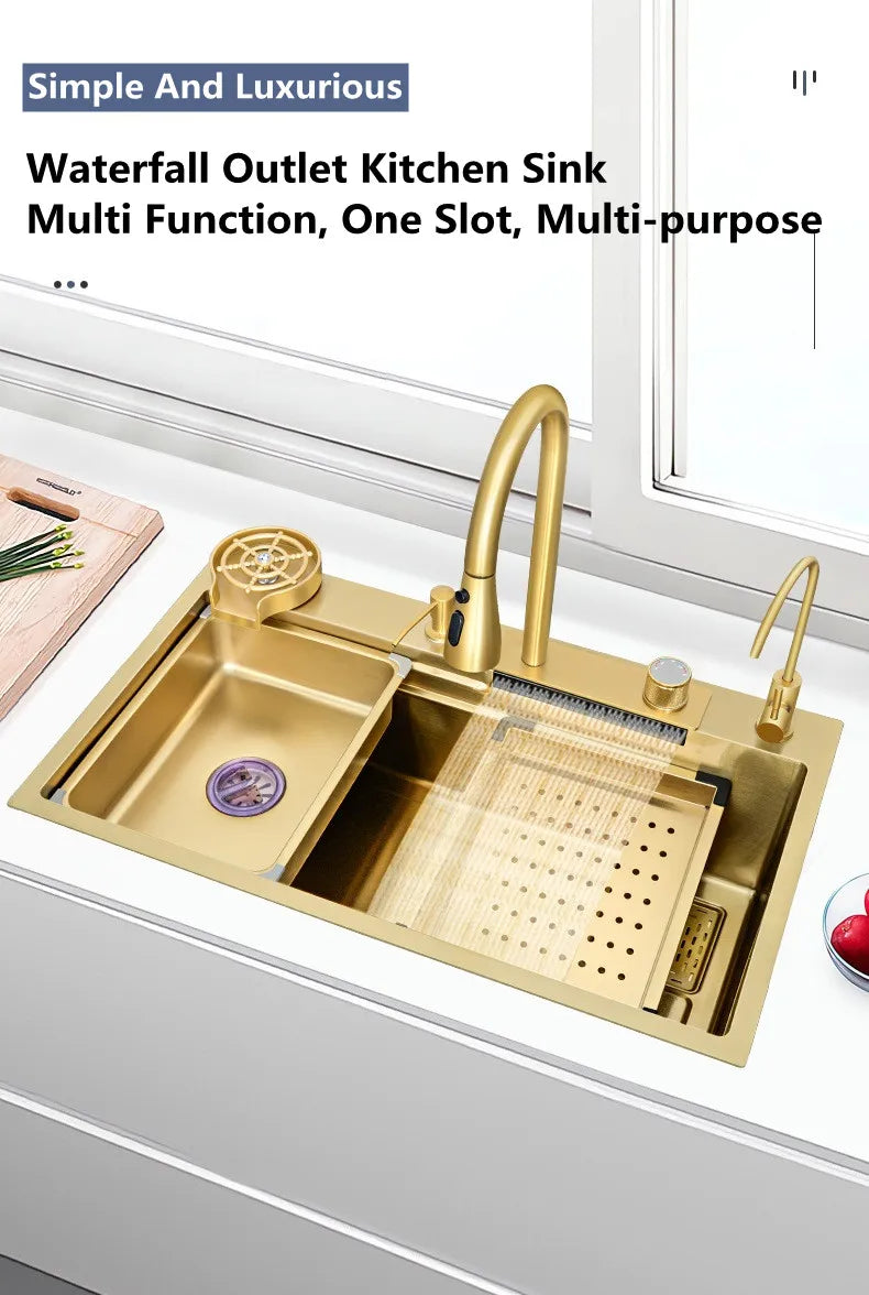 Waterfall Kitchen Sink Single Bowl Kitchen Sinks Gold 304 Stainless Steel Bar Sink With Pull-Faucet，Nano Home Sink  ﻿