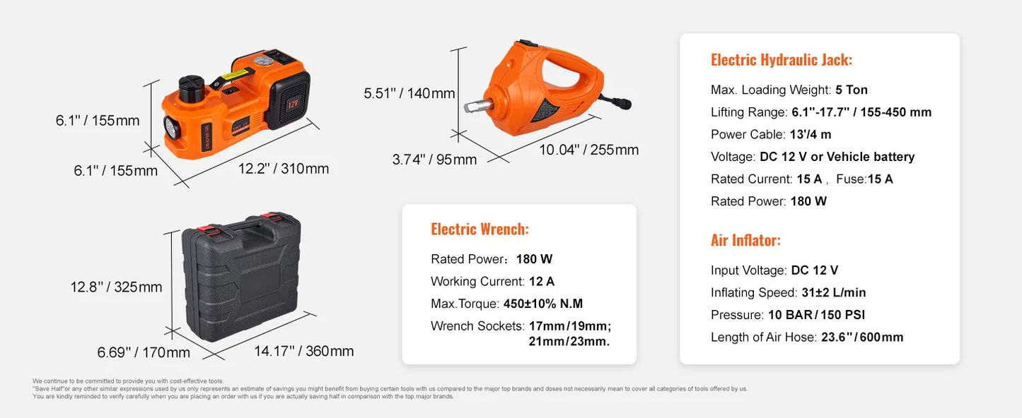 SucceBuy 5T Electric Car Jack Hydraulic Jack with Electric Impact Wrench Built-in Inflatable Pump, LED Light for SUV Sedan Truck