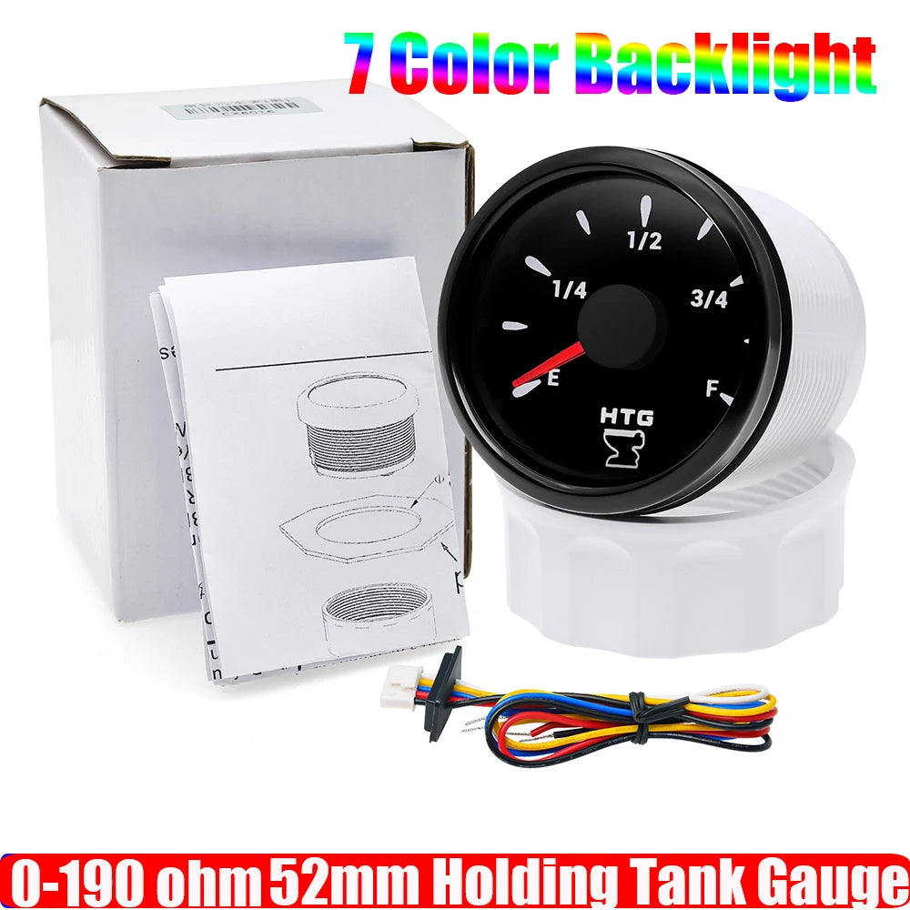2" 52mm Waste Level Gauge 7 Color LED Holding Tank Gauge 0-190ohm HTG Sewage Level Sensor Steel 100-600mm for Car Boat Custom