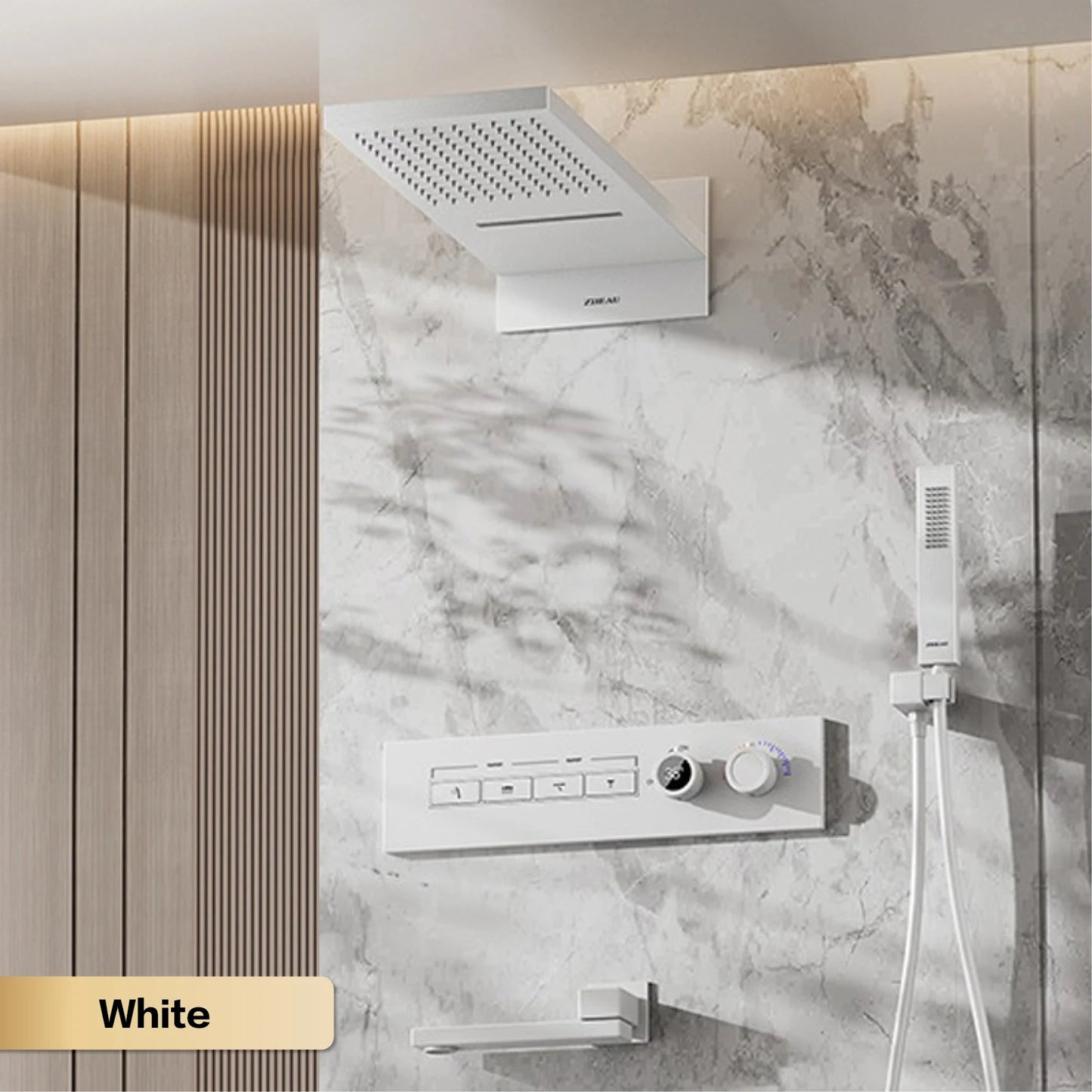 Modern brushed gold brass LED digital ceiling embedded shower system. Thermostatic 4-function waterfall/rain shower bathroom Tap