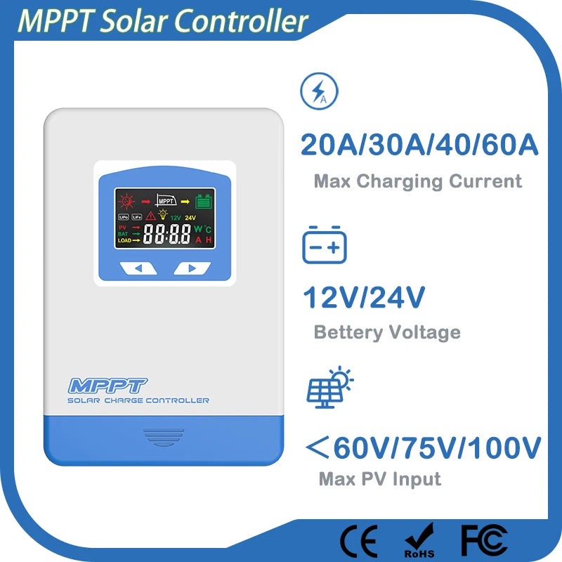 MPPT Solar Charge Controller 20A 30A 40A 60A 12V 24V Auto Battery Charger Input 100VDC Solar Panel Regulator LCD Display