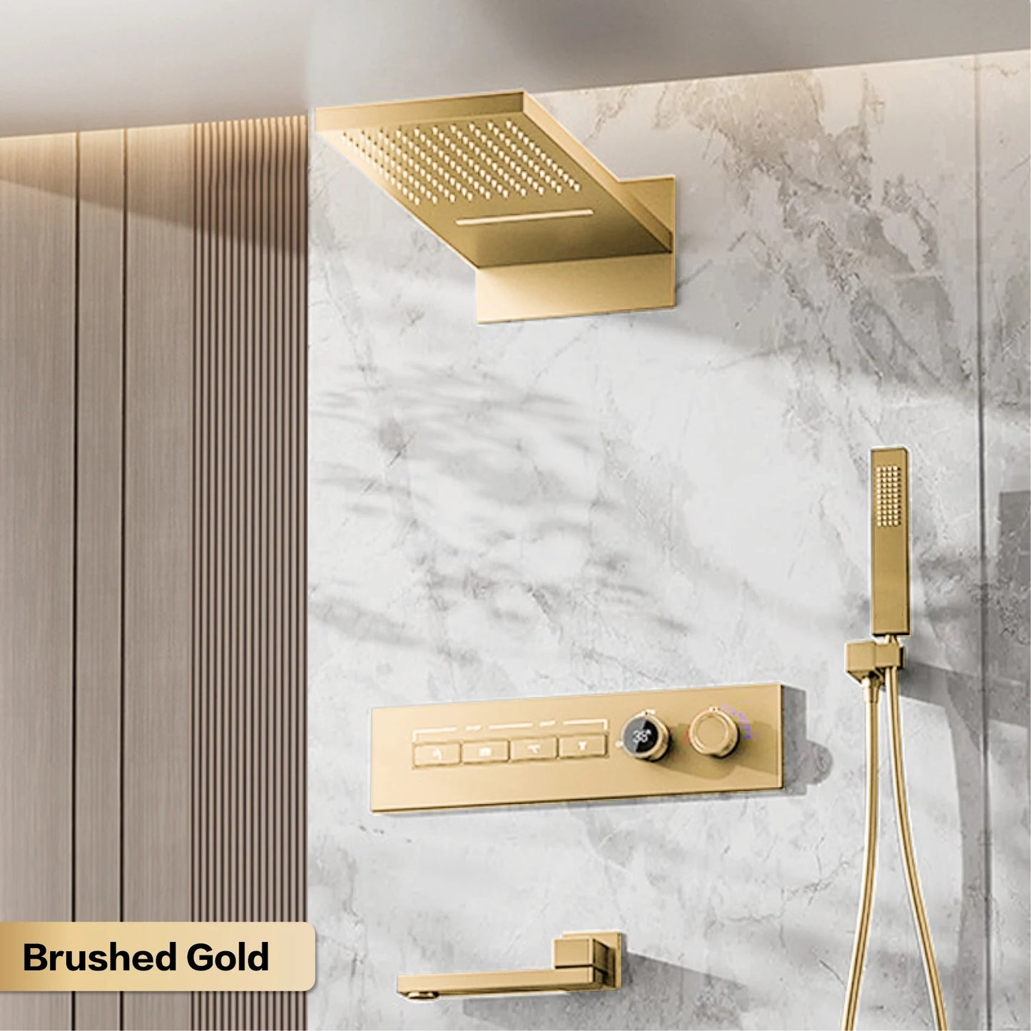 Modern brushed gold brass LED digital ceiling embedded shower system. Thermostatic 4-function waterfall/rain shower bathroom Tap